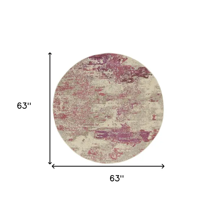 5' X 5' Ivory And Pink Round Abstract Power Loom Non Skid Area Rug