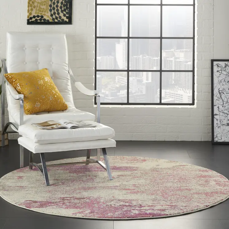 8' X 8' Ivory And Pink Round Abstract Power Loom Non Skid Area Rug