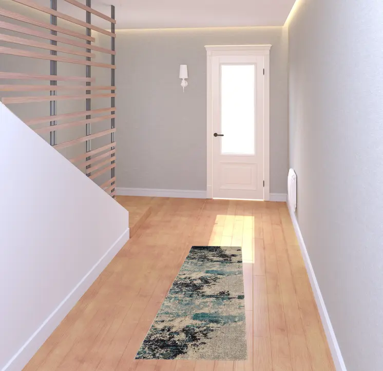 2' X 6' Ivory And Teal Blue Abstract Power Loom Non Skid Runner Rug