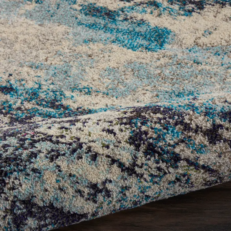 2' X 8' Ivory And Teal Blue Abstract Power Loom Non Skid Runner Rug