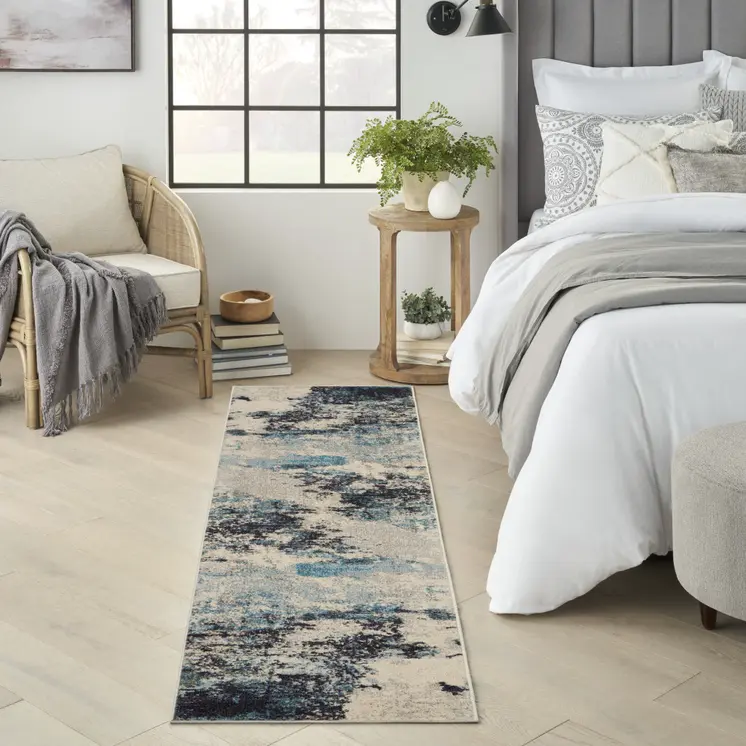 2' X 8' Ivory And Teal Blue Abstract Power Loom Non Skid Runner Rug