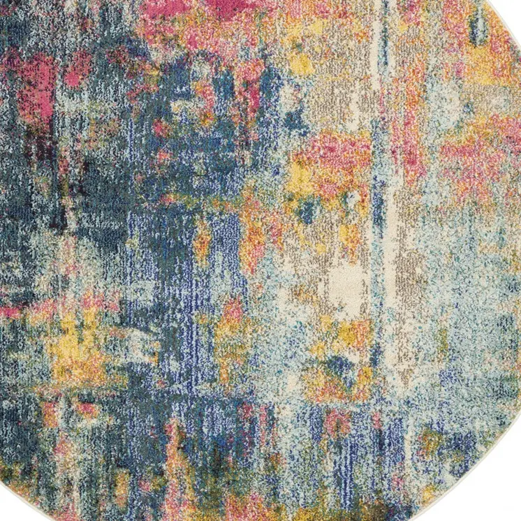 4' Blue And Yellow Abstract Round Rug