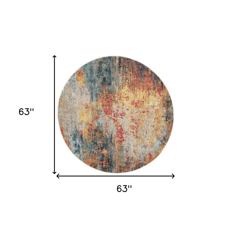 5' Blue And Orange Abstract Round Rug