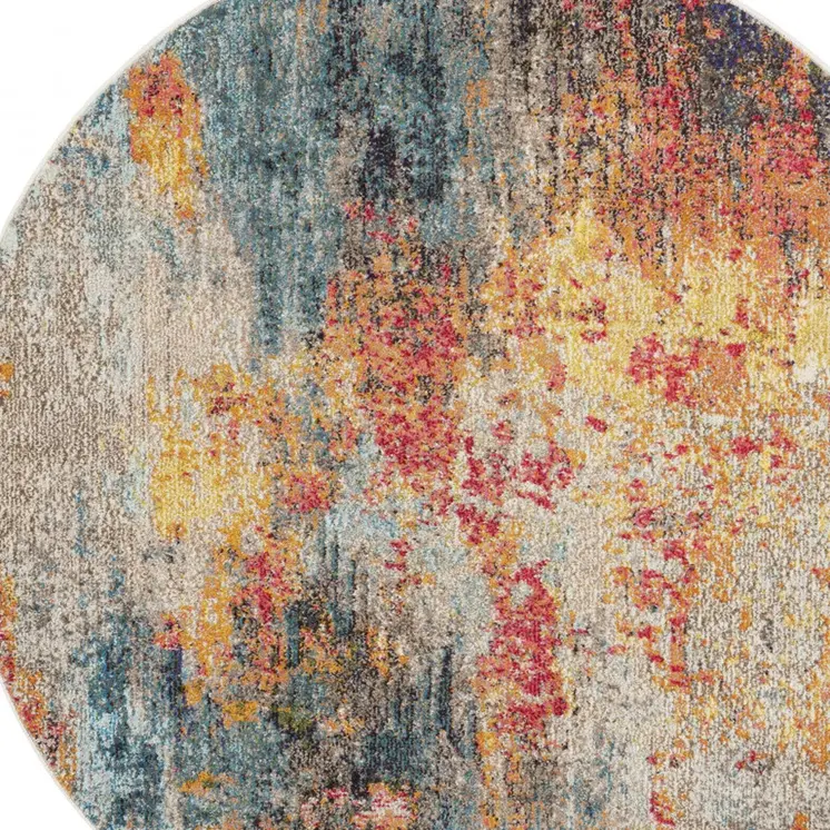 5' Blue And Orange Abstract Round Rug