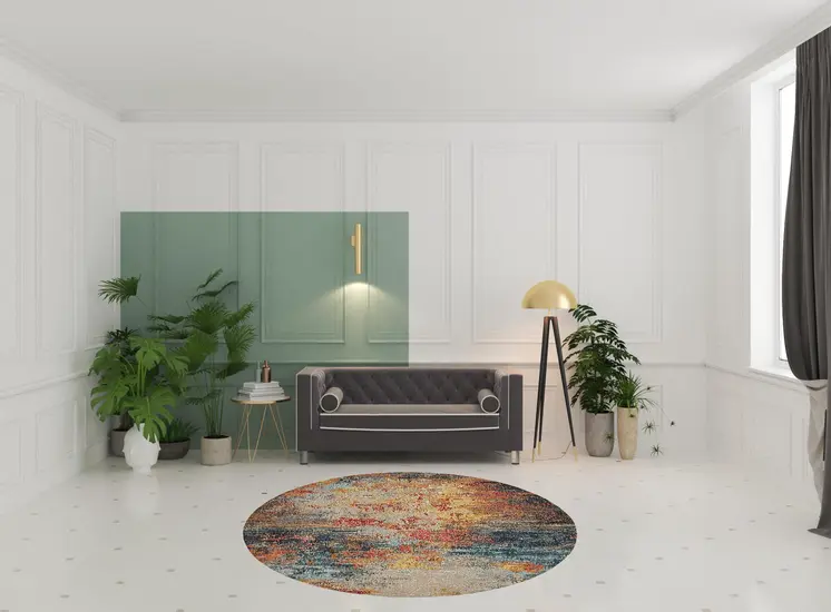 8' Blue And Orange Abstract Round Rug