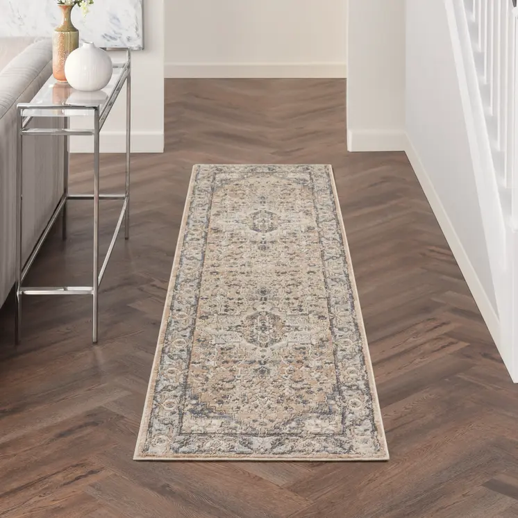 2' X 8' Beige And Grey Oriental Power Loom Non Skid Runner Rug