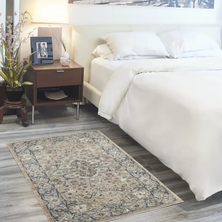 3' X 5' Beige And Grey Oriental Power Loom Non Skid Area Rug