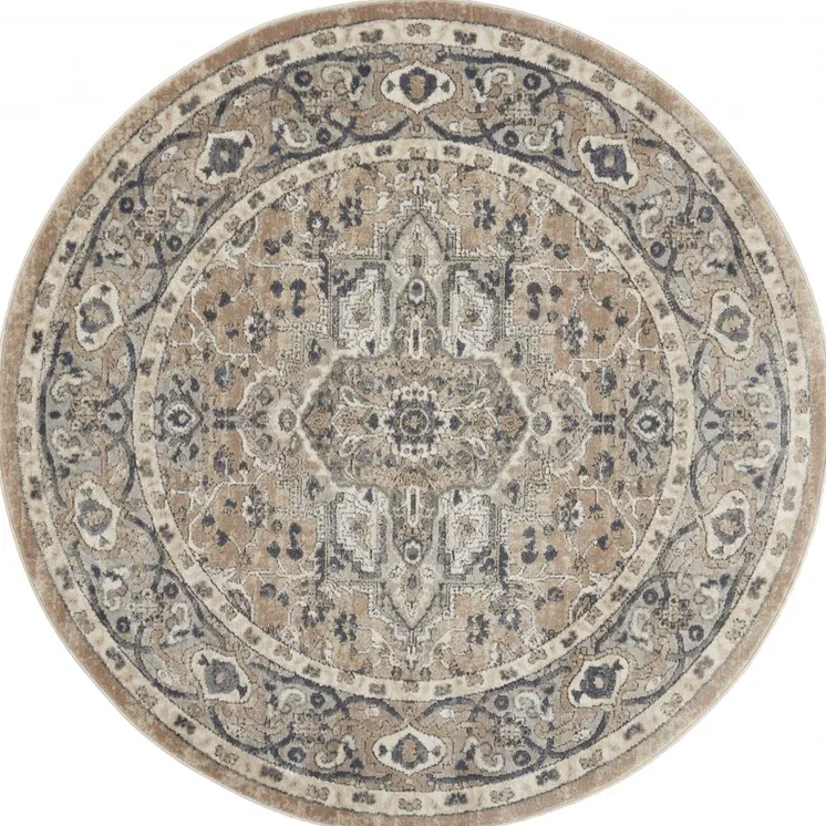 4' Beige And Ivory Oriental Distressed Round Rug