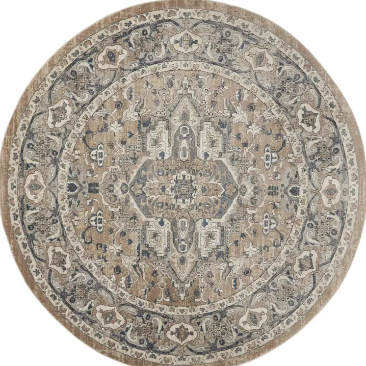 8' Beige And Ivory Oriental Distressed Round Rug