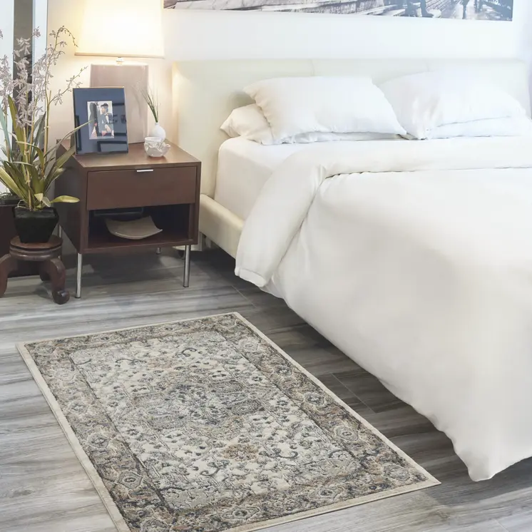 3' X 5' Ivory And Grey Oriental Power Loom Non Skid Area Rug