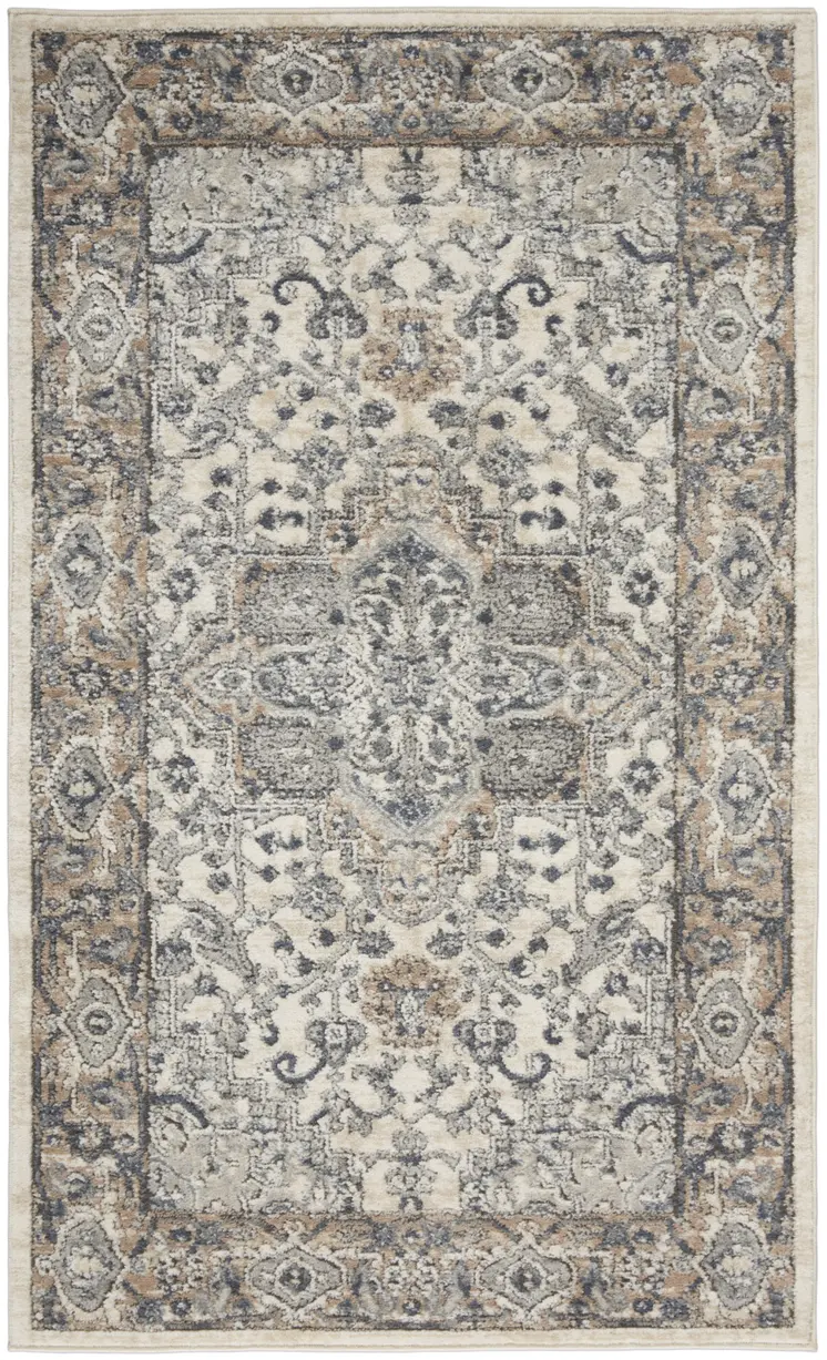 3' X 5' Ivory And Grey Oriental Power Loom Non Skid Area Rug