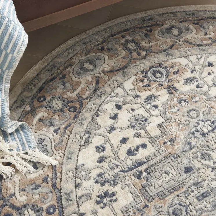 5' X 5' Ivory And Grey Round Oriental Non Skid Area Rug