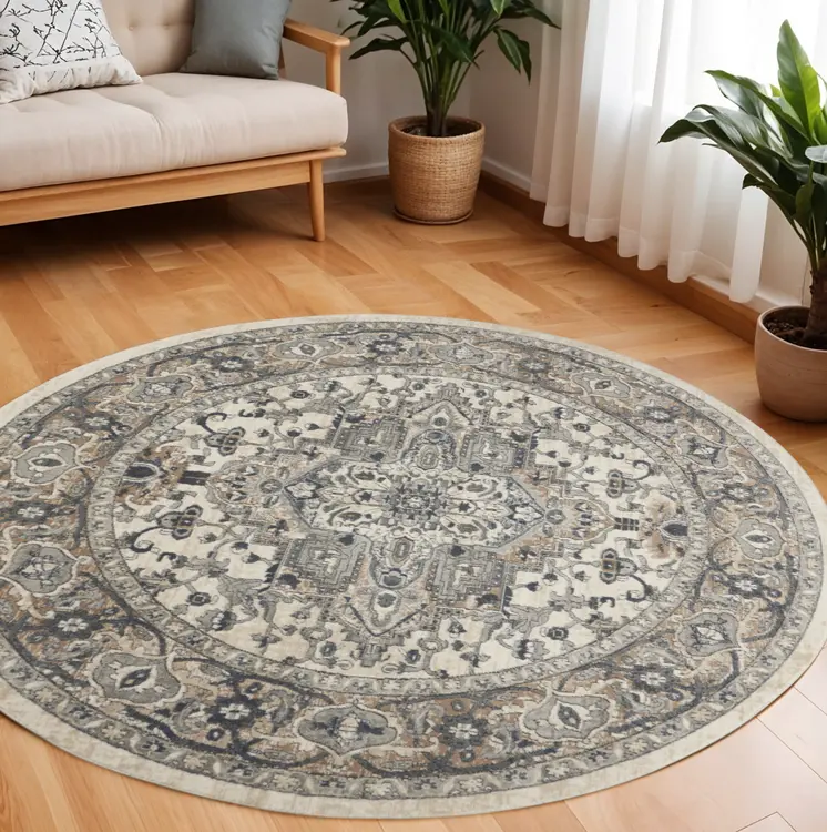 8' Ivory And Grey Round Oriental Power Loom Non Skid Area Rug