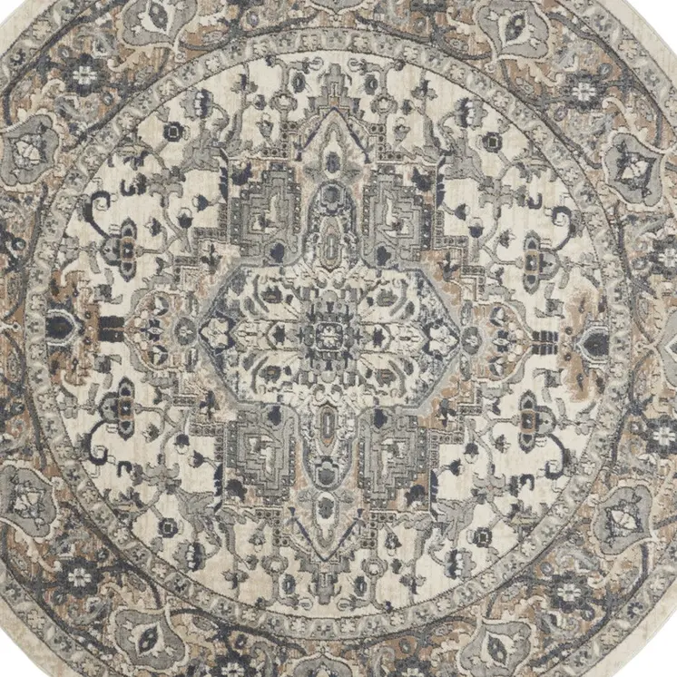 8' Ivory And Grey Round Oriental Power Loom Non Skid Area Rug