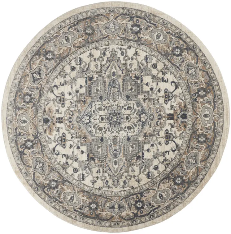 8' Ivory And Grey Round Oriental Power Loom Non Skid Area Rug