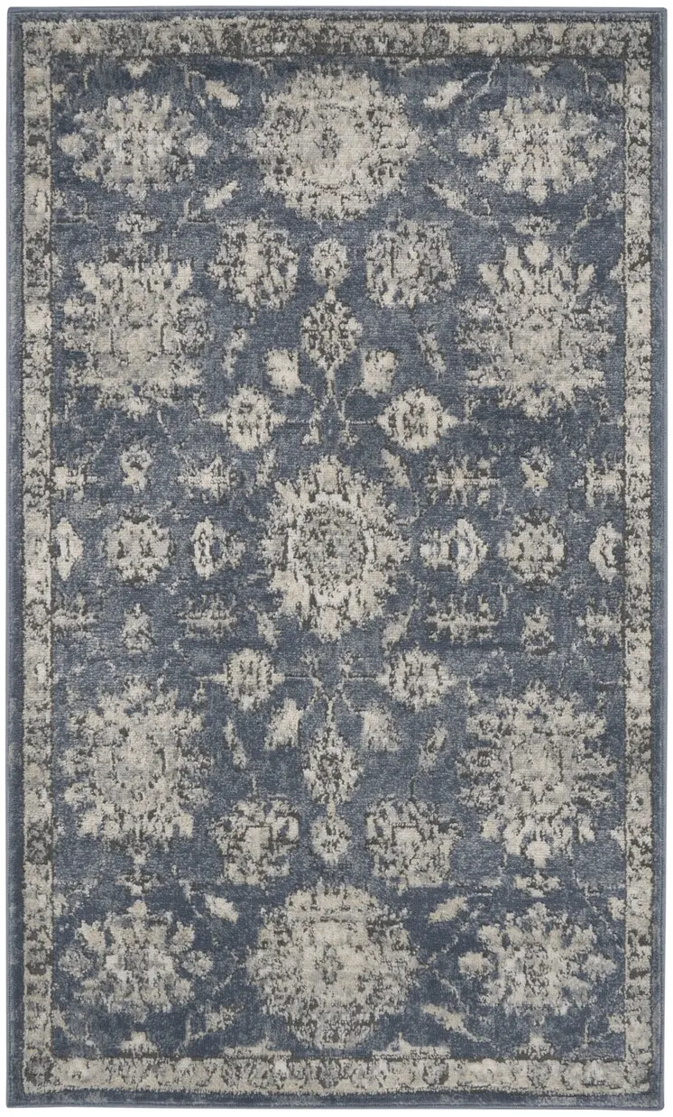 3' X 5' Blue And Beige Oriental Power Loom Non Skid Area Rug