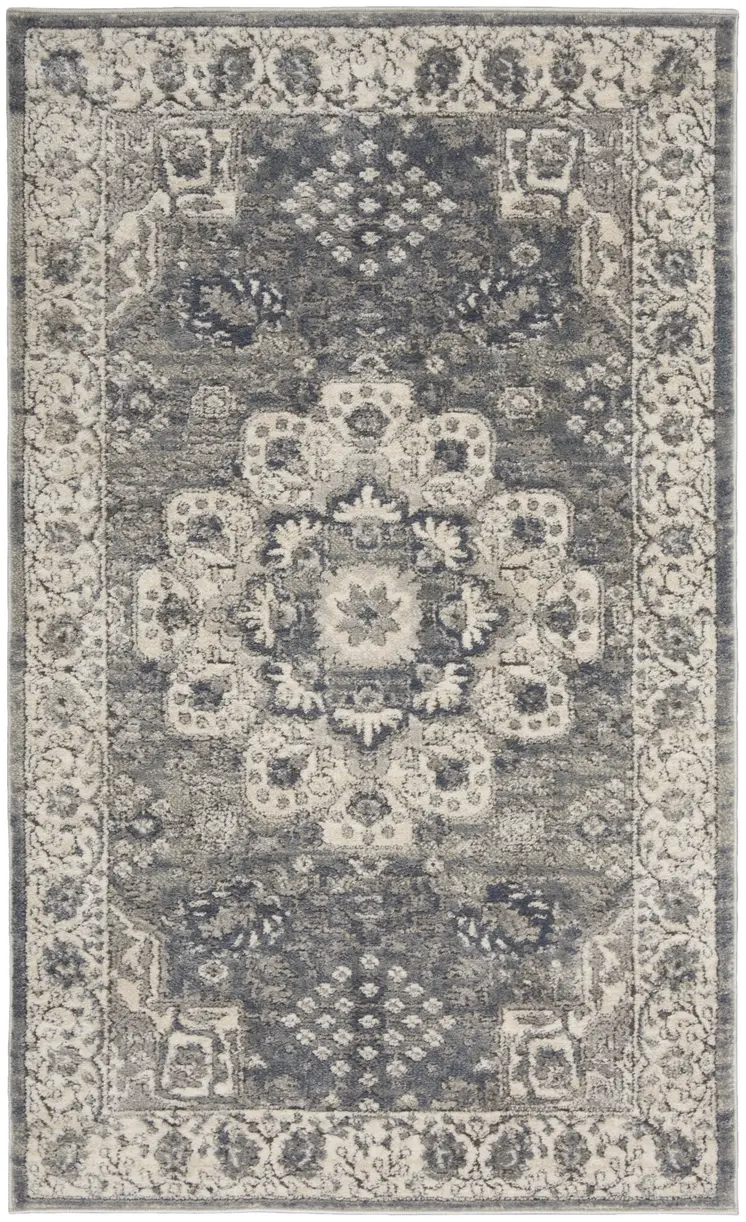 3' X 5' Grey And Ivory Oriental Power Loom Non Skid Area Rug