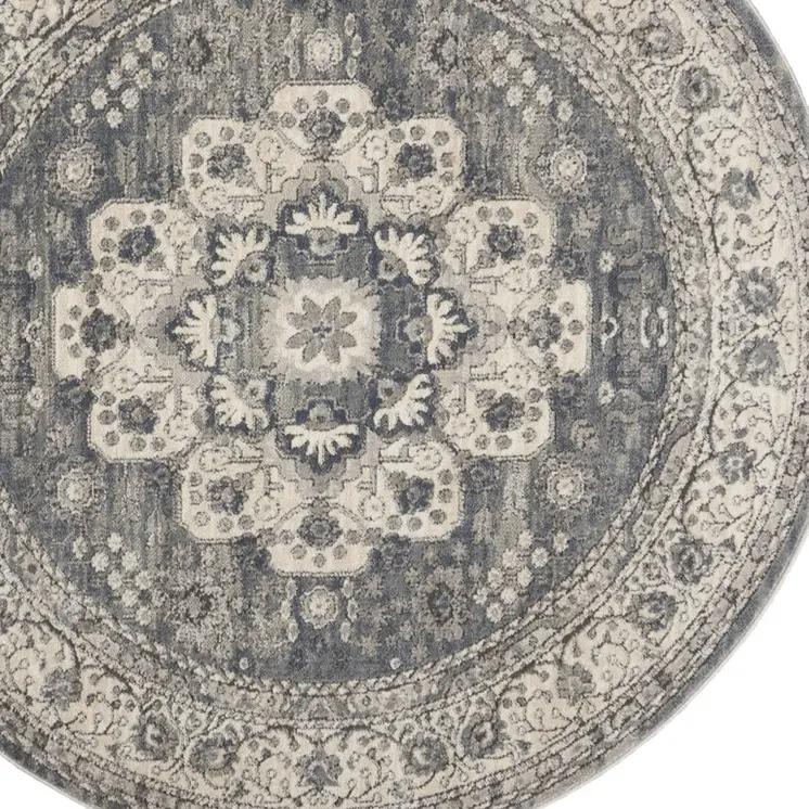 5' Gray And Ivory Oriental Distressed Round Rug