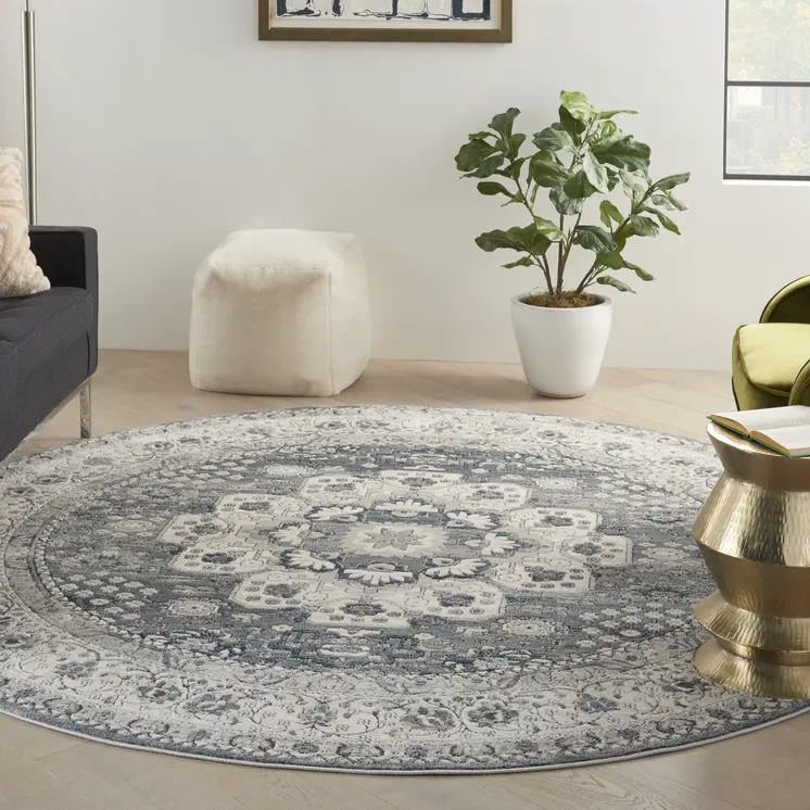 8' Grey And Ivory Round Oriental Power Loom Non Skid Area Rug