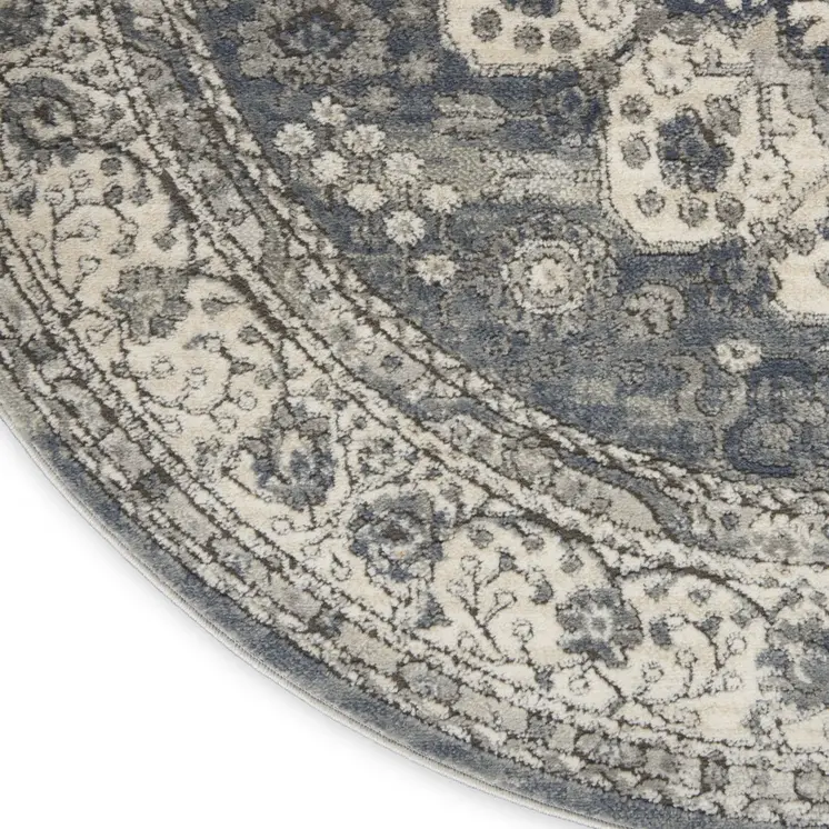8' Grey And Ivory Round Oriental Power Loom Non Skid Area Rug