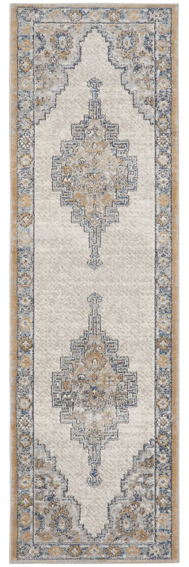 2' X 8' Grey And Light Blue Oriental Power Loom Non Skid Runner Rug