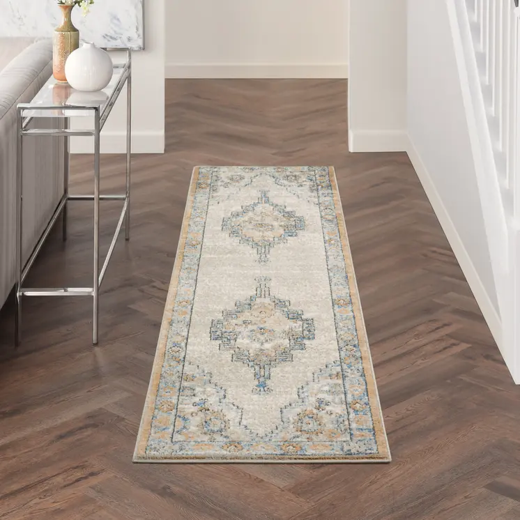 2' X 8' Grey And Light Blue Oriental Power Loom Non Skid Runner Rug