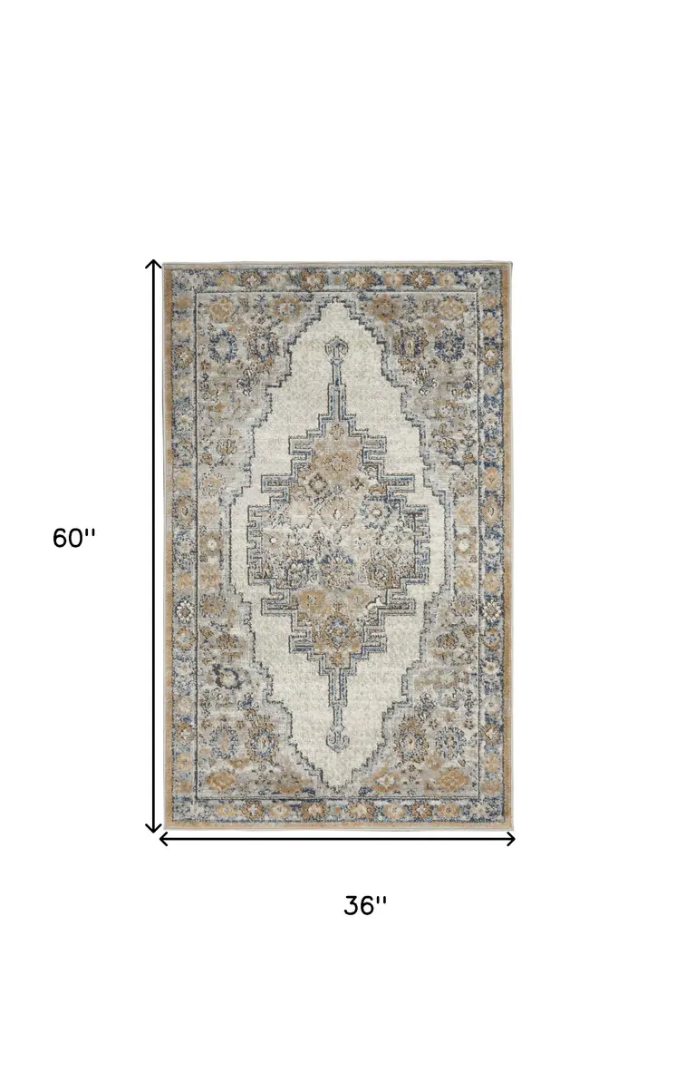 3' X 5' Grey And Light Blue Oriental Power Loom Non Skid Area Rug