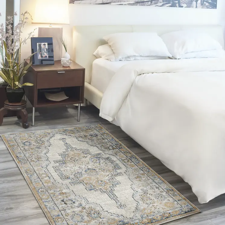 3' X 5' Grey And Light Blue Oriental Power Loom Non Skid Area Rug