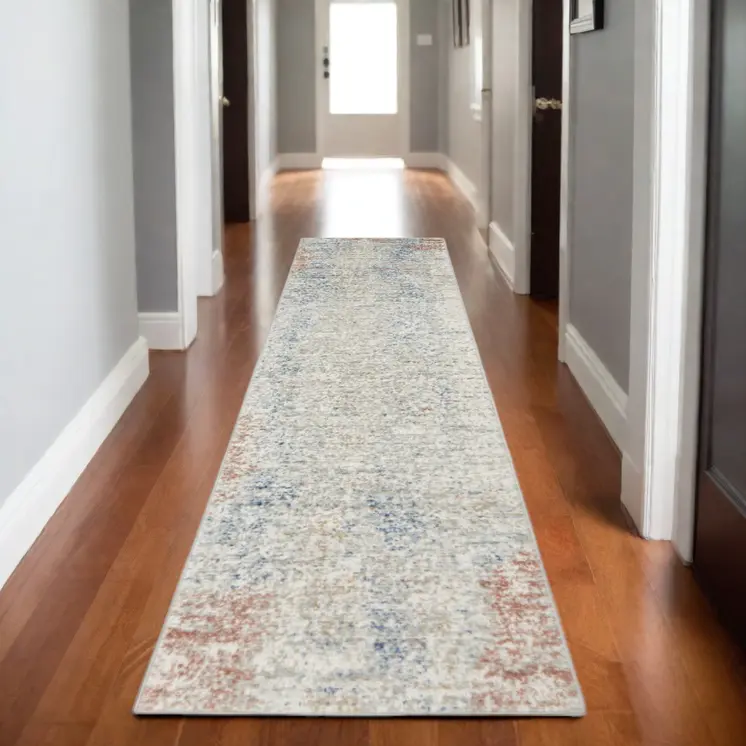 2' X 8' Ivory Abstract Power Loom Distressed Non Skid Runner Rug