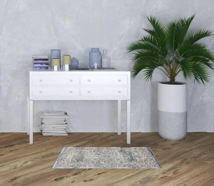 2' X 4' Ivory And Blue Oriental Power Loom Non Skid Area Rug