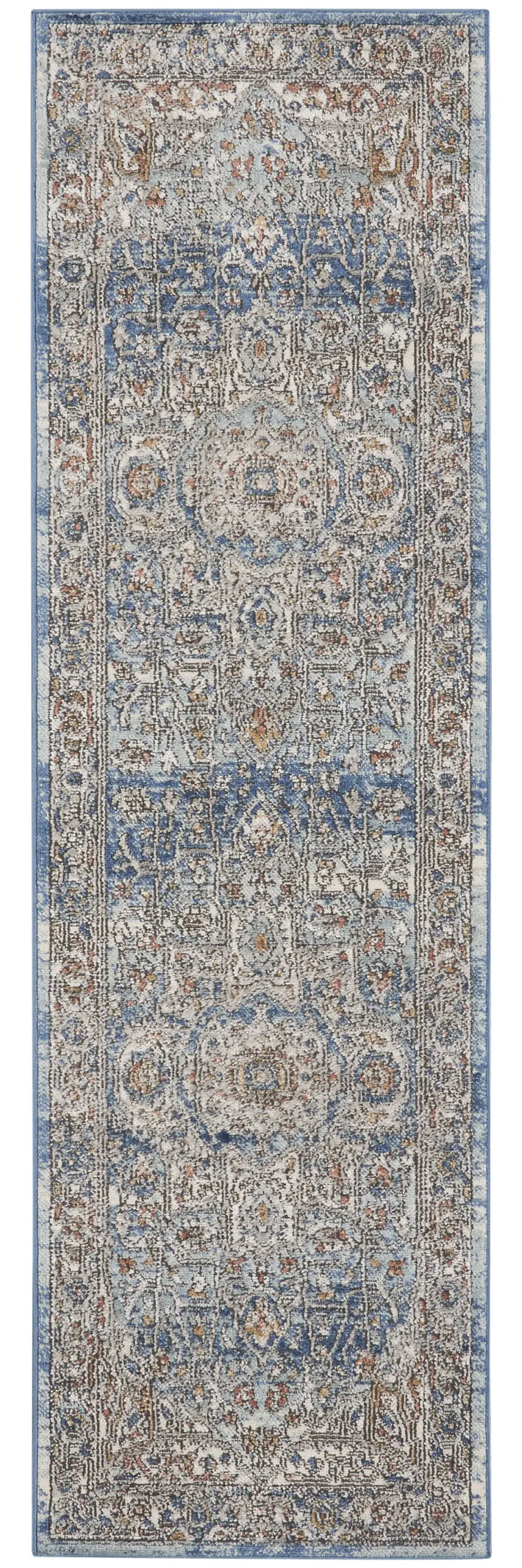 2' X 8' Ivory And Blue Oriental Power Loom Non Skid Runner Rug