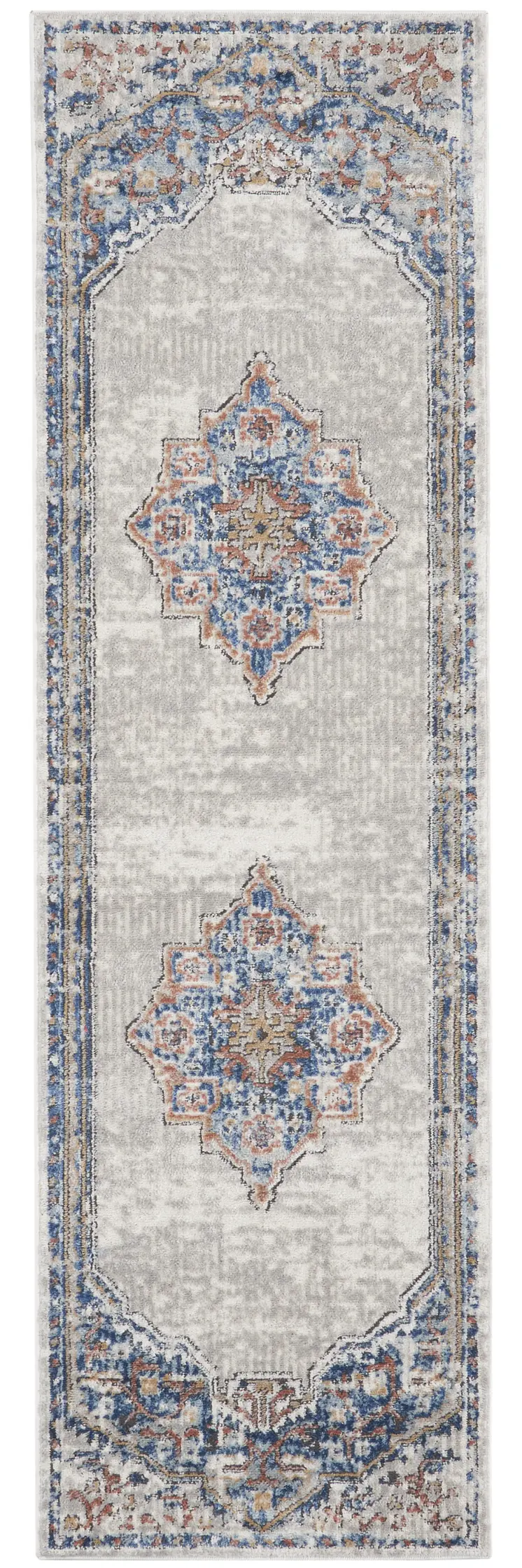 2' X 8' Blue And Grey Oriental Power Loom Non Skid Runner Rug