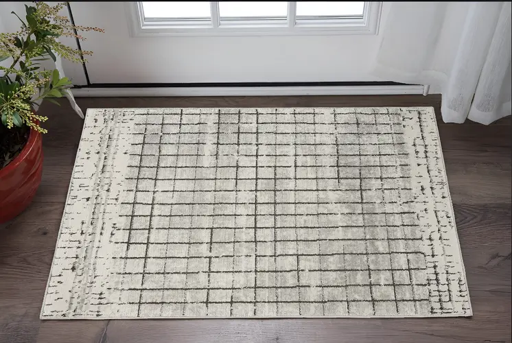 3' X 5' Ivory And Grey Abstract Power Loom Distressed Non Skid Area Rug