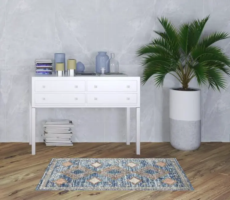 3' X 5' Blue Southwestern Power Loom Non Skid Area Rug