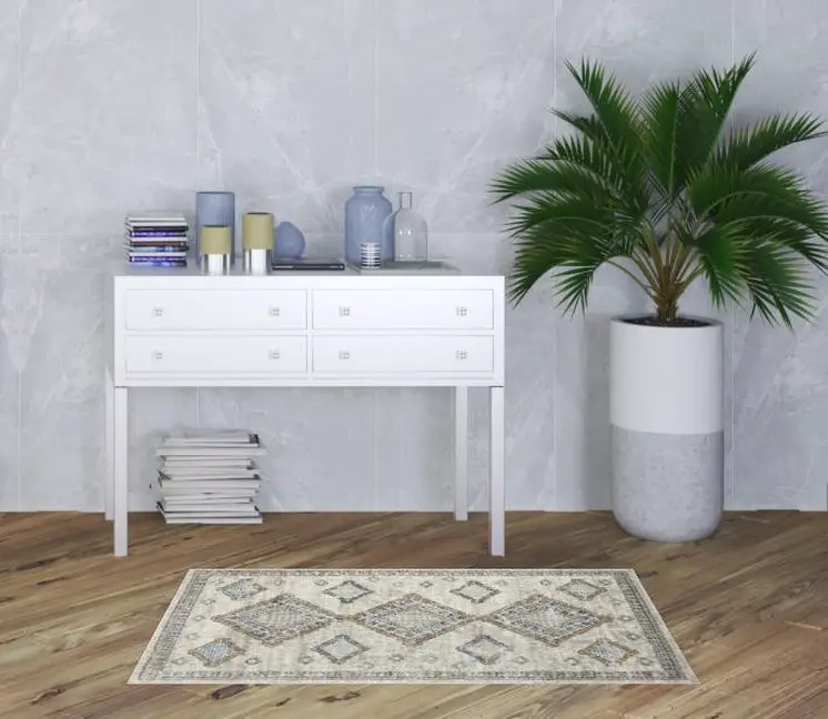 3' X 5' Ivory Grey And Blue Southwestern Power Loom Non Skid Area Rug