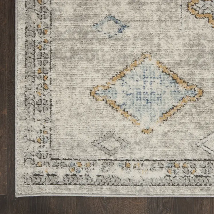 5' X 7' Ivory Grey And Blue Southwestern Power Loom Non Skid Area Rug