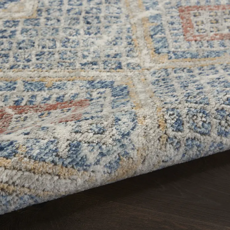 8' Blue And Ivory Southwestern Power Loom Non Skid Runner Rug