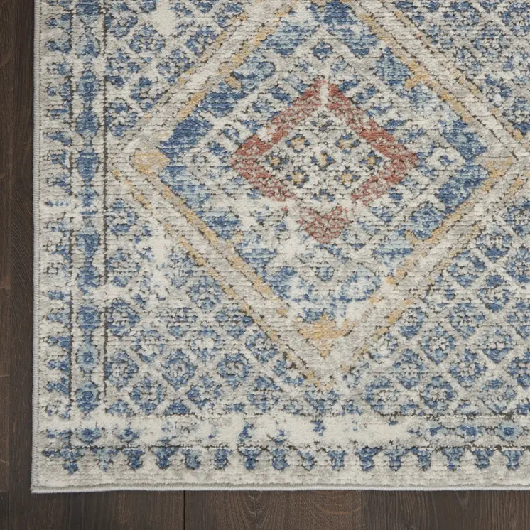 8' Blue And Ivory Southwestern Power Loom Non Skid Runner Rug