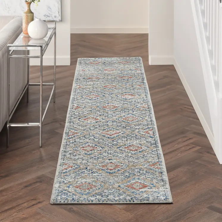 8' Blue And Ivory Southwestern Power Loom Non Skid Runner Rug