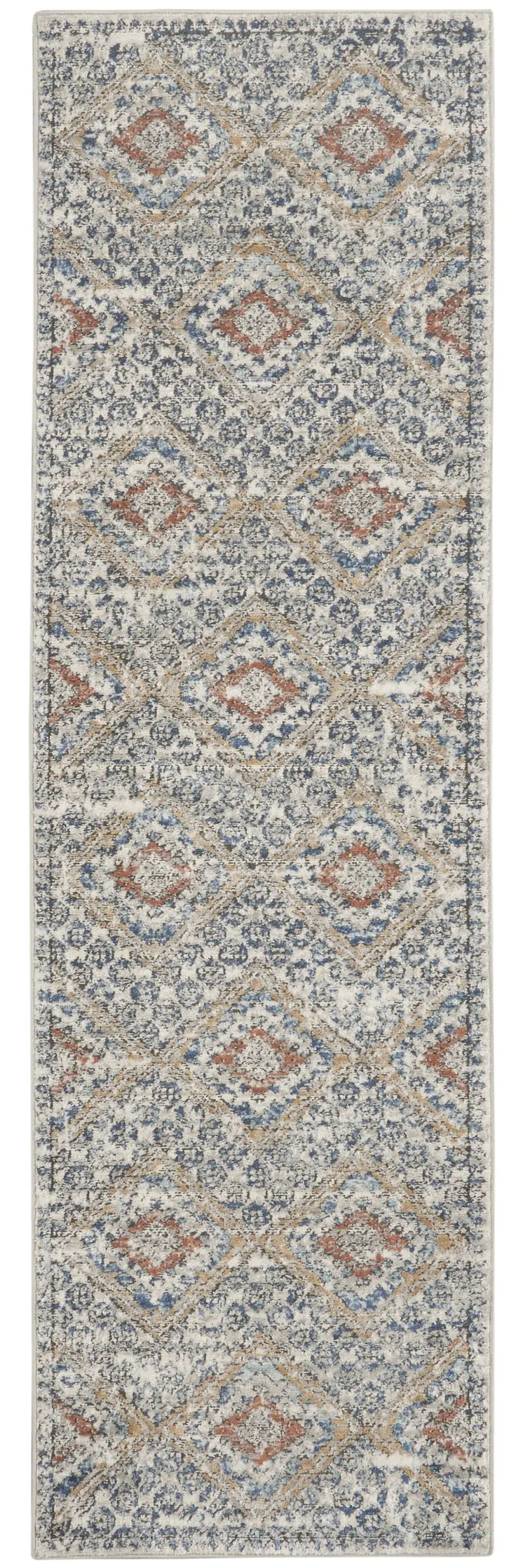 2' X 8' Grey Ivory And Blue Southwestern Power Loom Non Skid Runner Rug