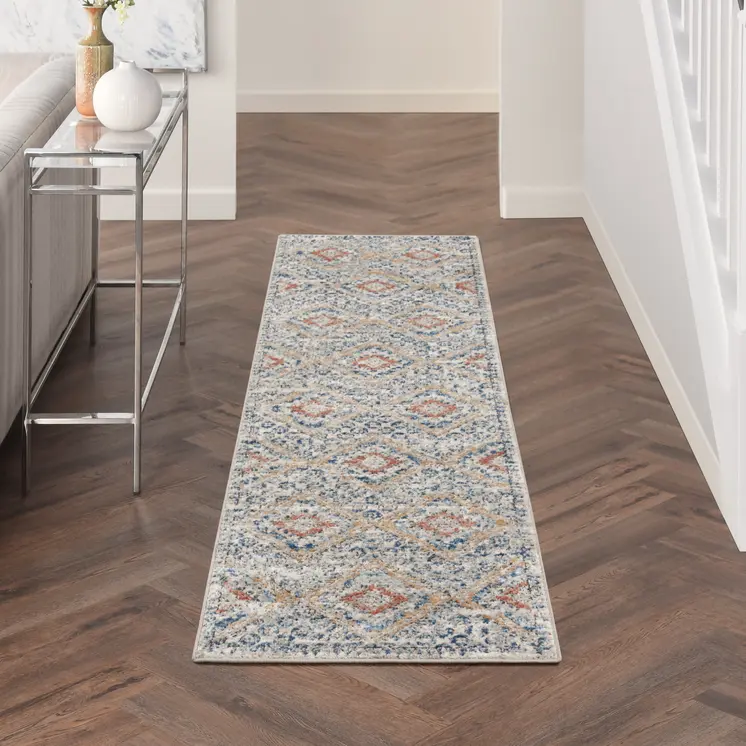 2' X 8' Grey Ivory And Blue Southwestern Power Loom Non Skid Runner Rug