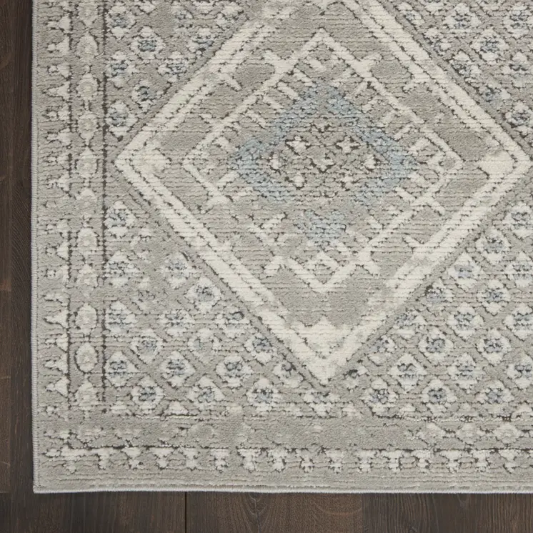 2' X 8' Grey Ivory And Blue Southwestern Power Loom Non Skid Runner Rug