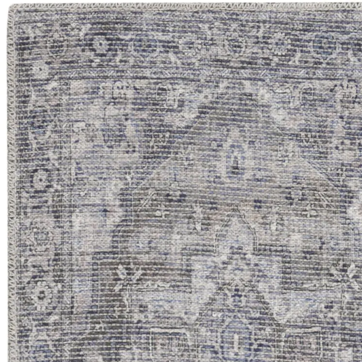 6' Gray And Blue Oriental Distressed Washable Runner Rug