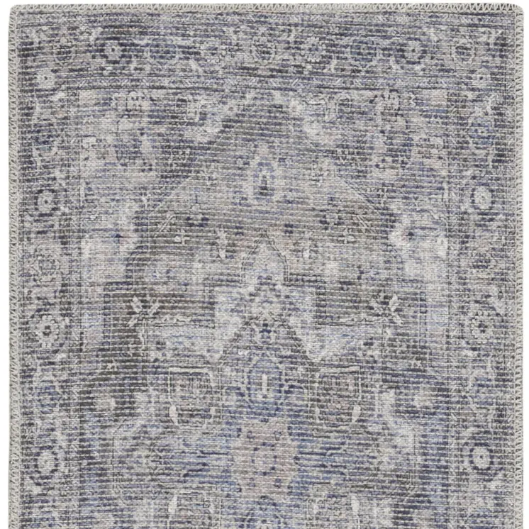 6' Gray And Blue Oriental Distressed Washable Runner Rug