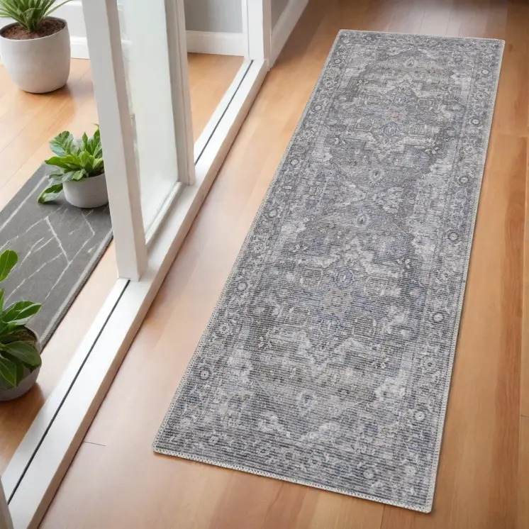 6' Gray And Blue Oriental Distressed Washable Runner Rug