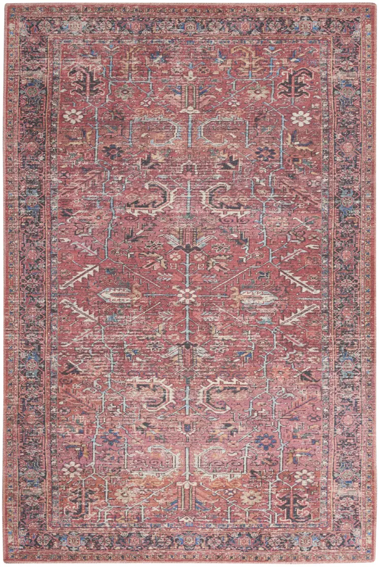 5' X 7' Pink And Blue Oriental Distressed Washable Area Rug