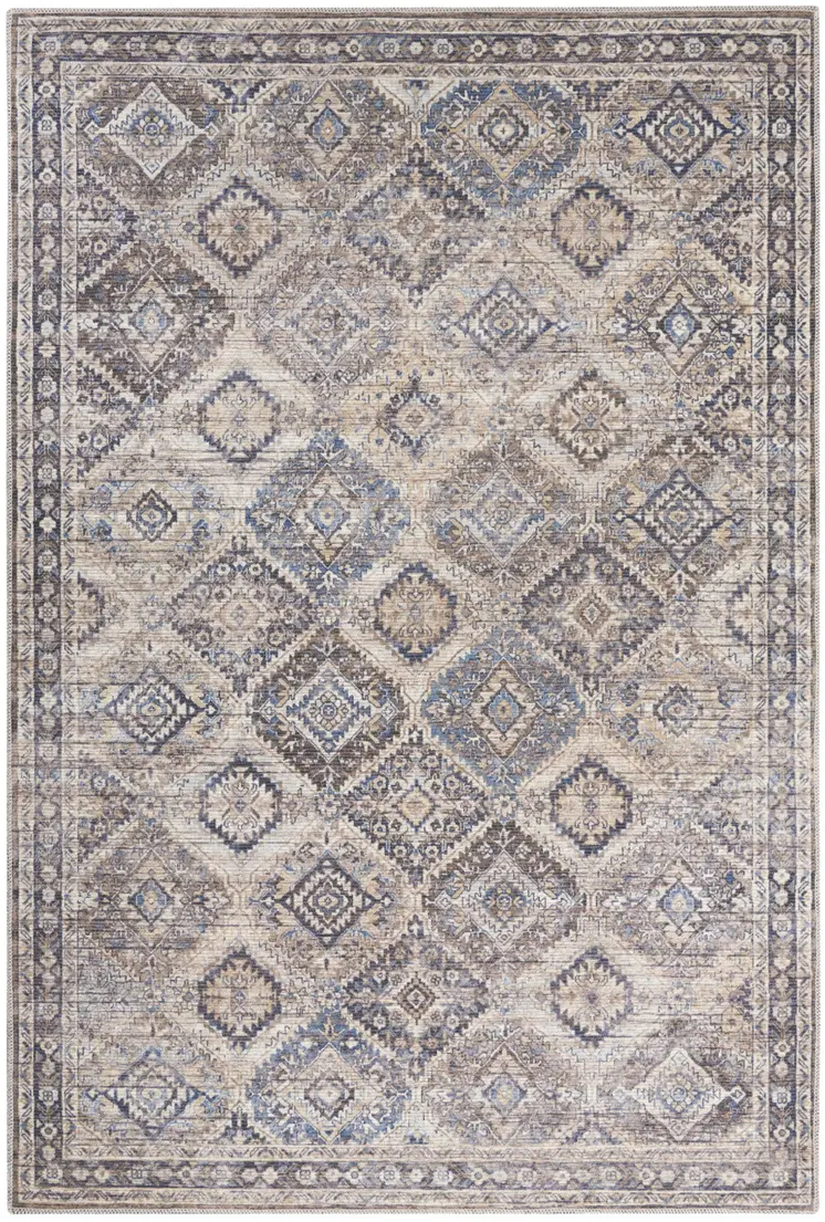 5' X 7' Ivory Latte Oriental Power Loom Distressed Washable Area Rug