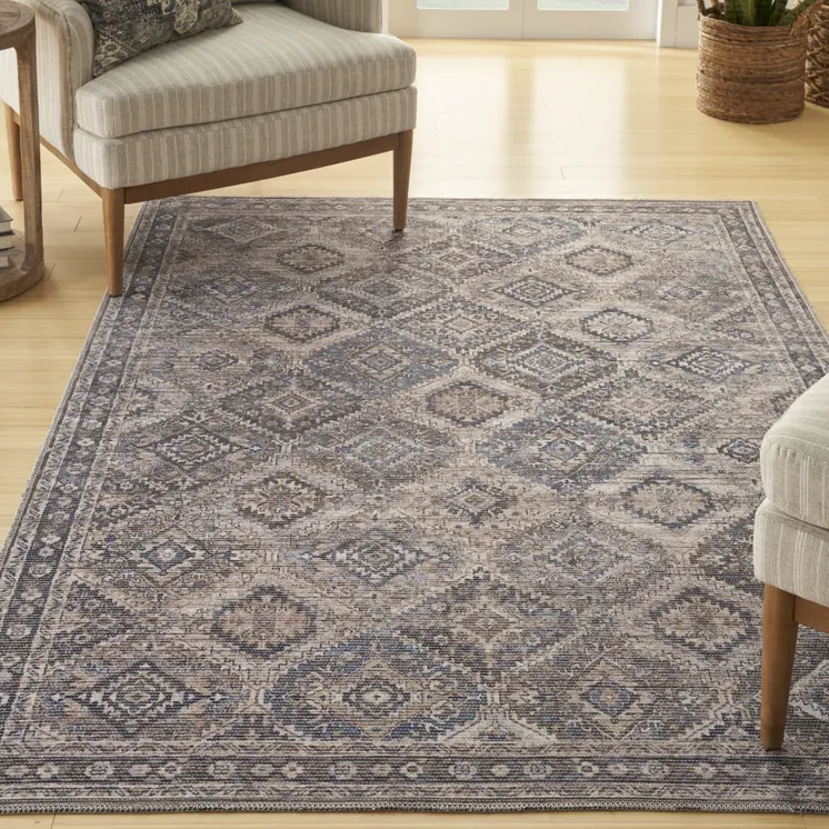 5' X 7' Ivory Latte Oriental Power Loom Distressed Washable Area Rug