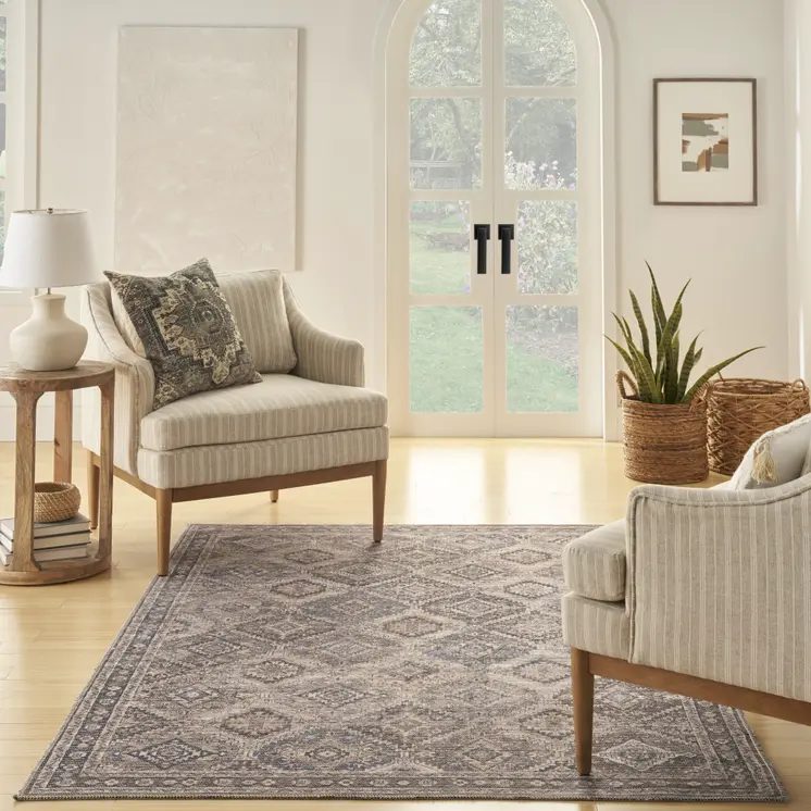 5' X 7' Ivory Latte Oriental Power Loom Distressed Washable Area Rug