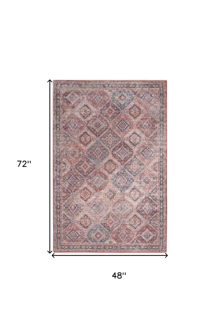 4' X 6' Multicolor Oriental Power Loom Distressed Washable Area Rug
